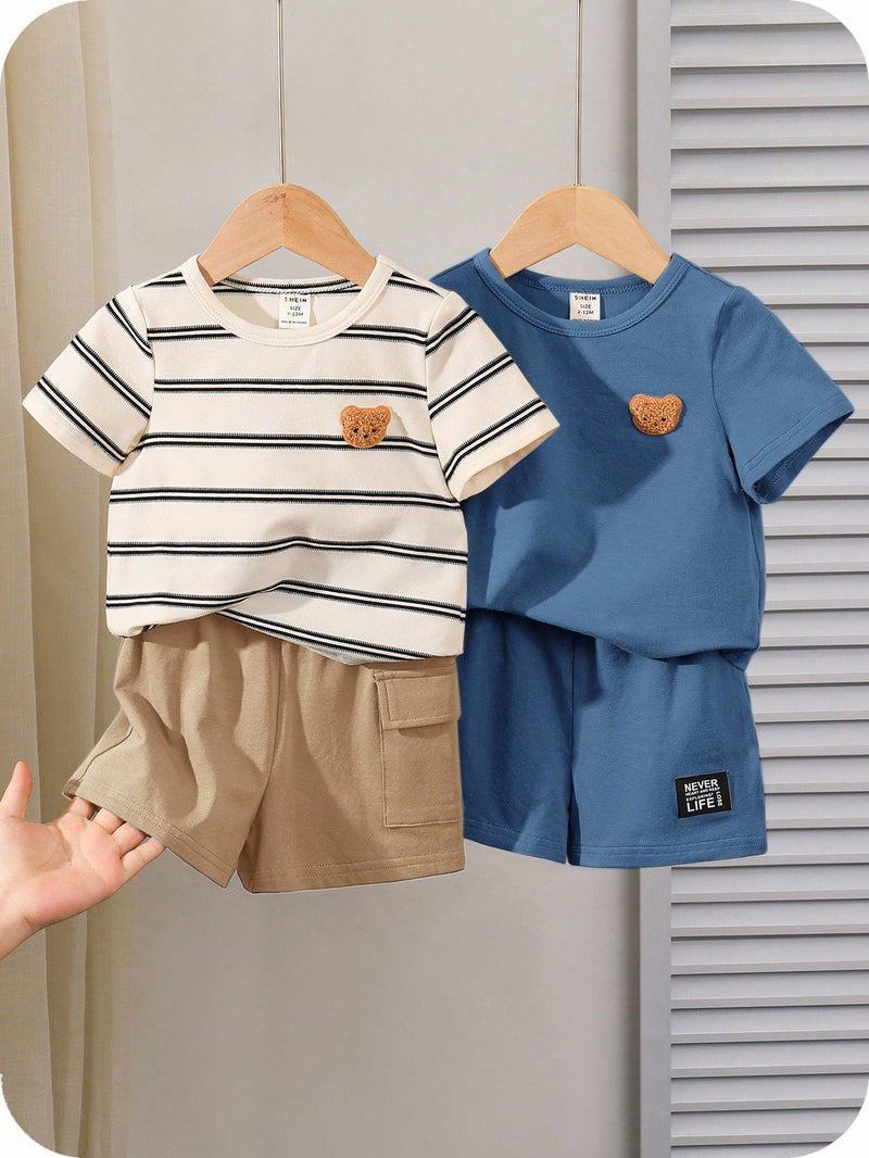 4 peças/conjunto de Verão Estilo Coreano Casual Fofo, Padrão de Desenho Animado Listrado Camiseta Manga Curta, Shorts de Elástico com Bolsos para Meninos e Meninas Bebês