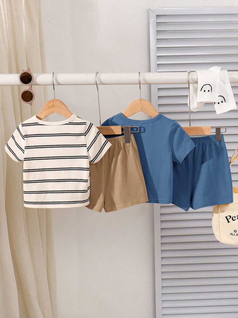 4 peças/conjunto de Verão Estilo Coreano Casual Fofo, Padrão de Desenho Animado Listrado Camiseta Manga Curta, Shorts de Elástico com Bolsos para Meninos e Meninas Bebês