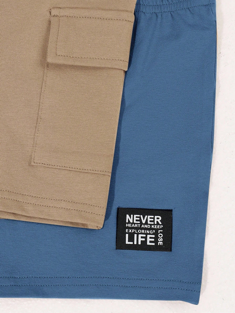 4 peças/conjunto de Verão Estilo Coreano Casual Fofo, Padrão de Desenho Animado Listrado Camiseta Manga Curta, Shorts de Elástico com Bolsos para Meninos e Meninas Bebês