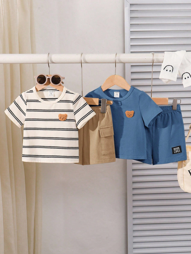 4 peças/conjunto de Verão Estilo Coreano Casual Fofo, Padrão de Desenho Animado Listrado Camiseta Manga Curta, Shorts de Elástico com Bolsos para Meninos e Meninas Bebês