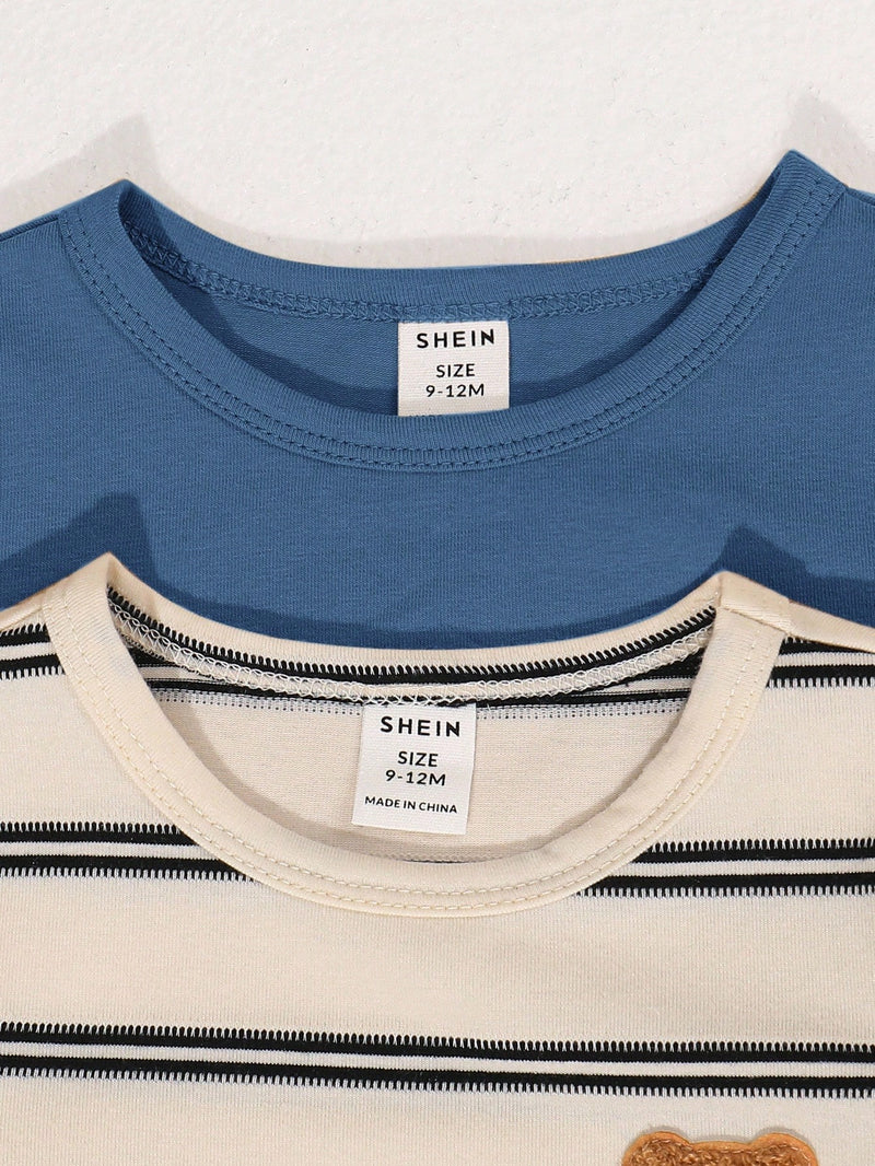 4 peças/conjunto de Verão Estilo Coreano Casual Fofo, Padrão de Desenho Animado Listrado Camiseta Manga Curta, Shorts de Elástico com Bolsos para Meninos e Meninas Bebês