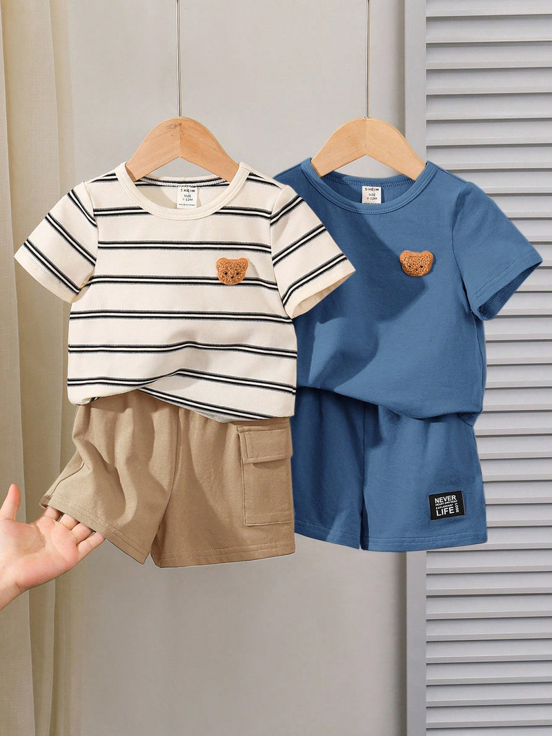 4 peças/conjunto de Verão Estilo Coreano Casual Fofo, Padrão de Desenho Animado Listrado Camiseta Manga Curta, Shorts de Elástico com Bolsos para Meninos e Meninas Bebês