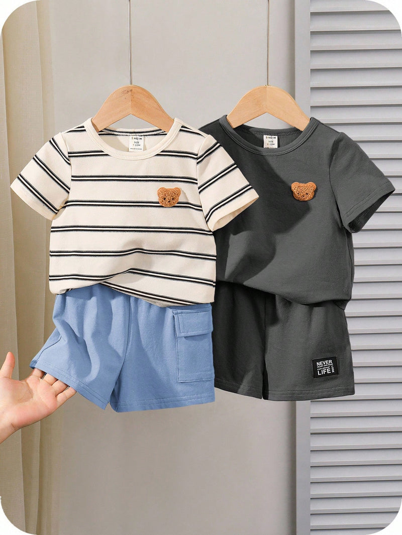 4 peças/conjunto de Verão Estilo Coreano Casual Fofo, Padrão de Desenho Animado Listrado Camiseta Manga Curta, Shorts de Elástico com Bolsos para Meninos e Meninas Bebês
