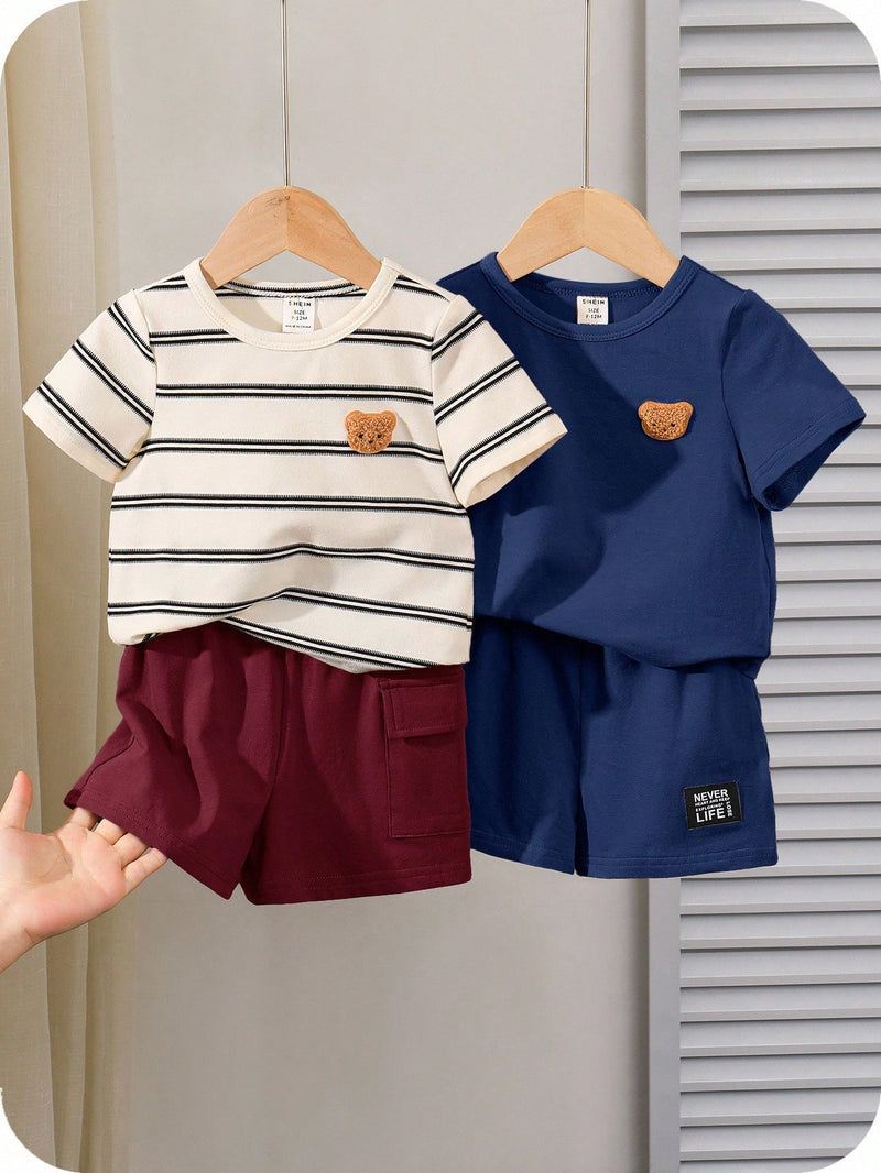 4 peças/conjunto de Verão Estilo Coreano Casual Fofo, Padrão de Desenho Animado Listrado Camiseta Manga Curta, Shorts de Elástico com Bolsos para Meninos e Meninas Bebês