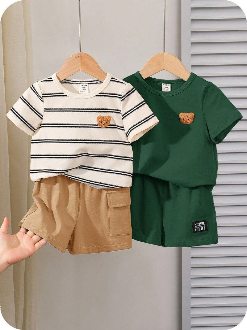 4 peças/conjunto de Verão Estilo Coreano Casual Fofo, Padrão de Desenho Animado Listrado Camiseta Manga Curta, Shorts de Elástico com Bolsos para Meninos e Meninas Bebês