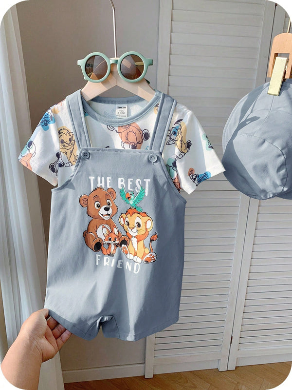 3 peças/Conjunto Bebê Meninos/Meninas Casual Impressão Fofa de Animal Ombro Caído Malha Parte Superior/Camiseta e Shorts com Chapéu, Confortável para Casa, Passeios, Reuniões na Primavera/Verão
