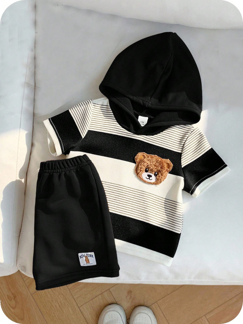 2 peças/Conjunto Bebê Menino Fofo Urso Cartoon Top de Manga Curta com Capuz Listrada e Shorts Roupa Casual de Verão