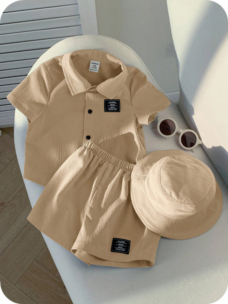 3 peças/Conjunto Cardigan de Manga Curta com Gola Bordada para Bebê Menino, Shorts com Cintura Elástica e Chapéu