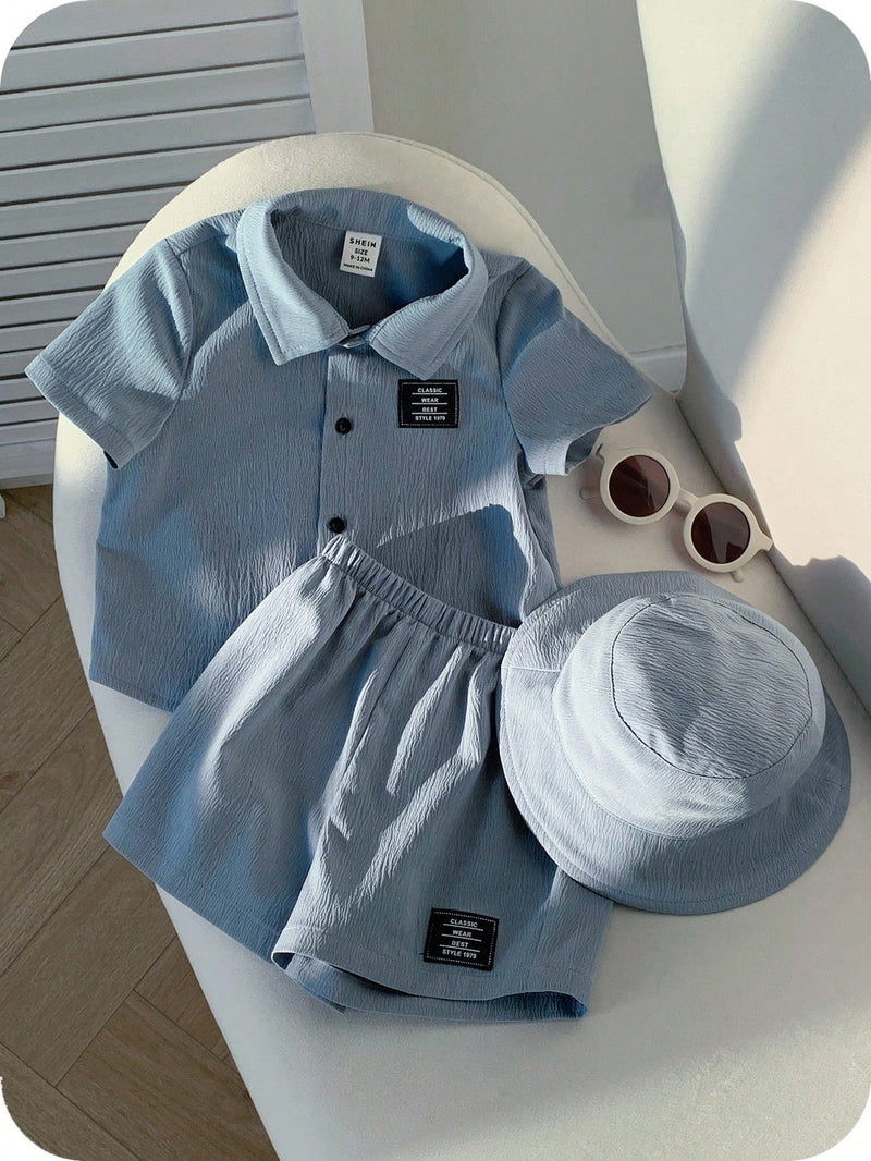3 peças/Conjunto Cardigan de Manga Curta com Gola Bordada para Bebê Menino, Shorts com Cintura Elástica e Chapéu