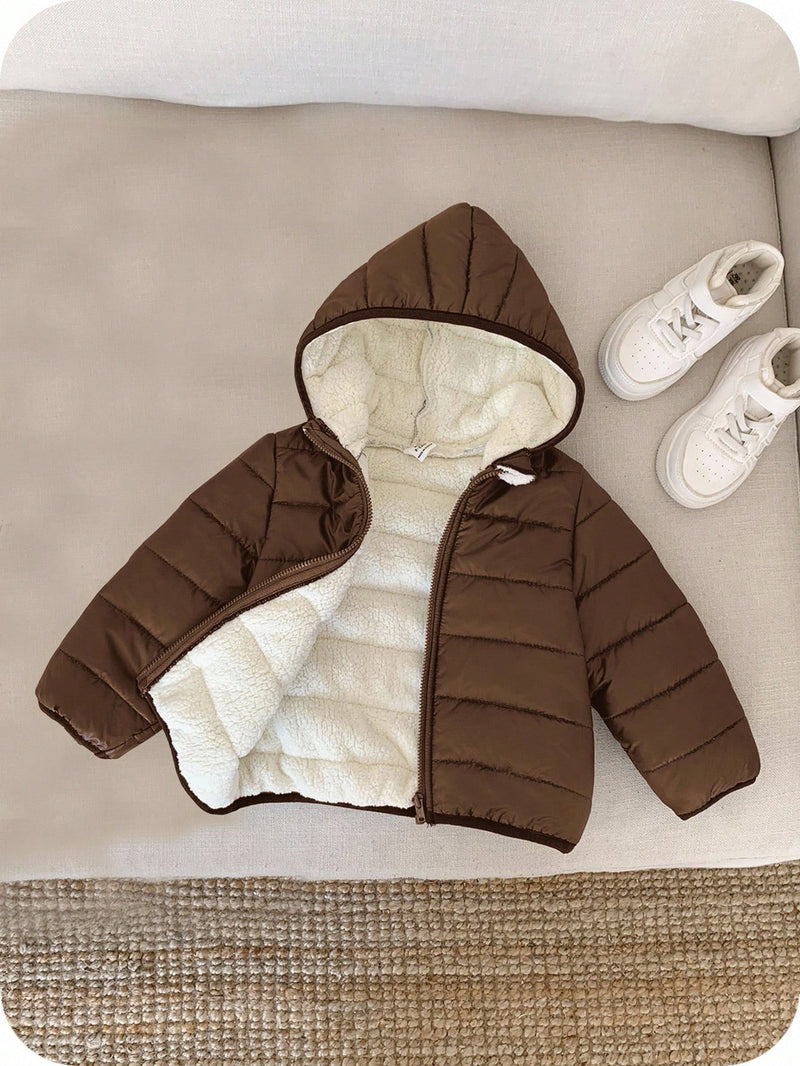 Jaqueta com Capuz e Zíper Acolchoada Quente e Grossa para Bebê Menino, Adequada para Brincar na Neve, Essencial Casual de Inverno