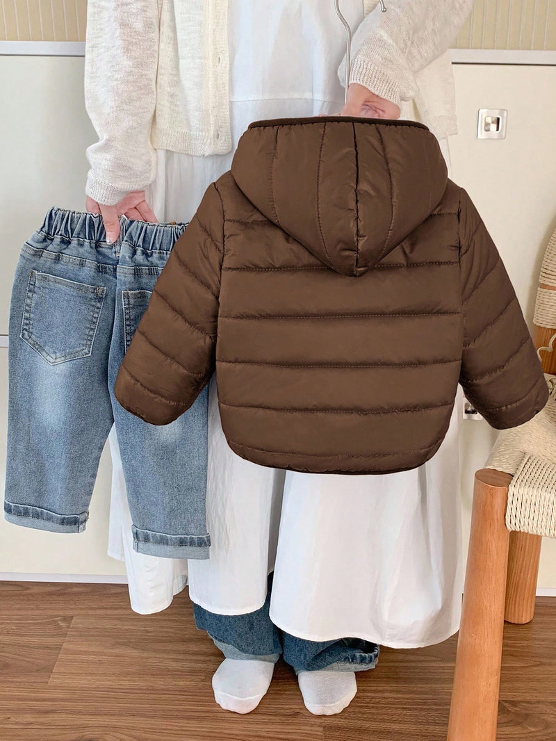 Jaqueta com Capuz e Zíper Acolchoada Quente e Grossa para Bebê Menino, Adequada para Brincar na Neve, Essencial Casual de Inverno
