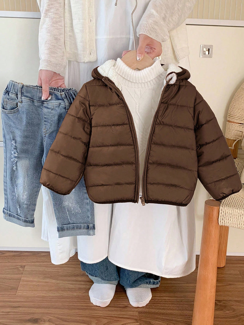 Jaqueta com Capuz e Zíper Acolchoada Quente e Grossa para Bebê Menino, Adequada para Brincar na Neve, Essencial Casual de Inverno