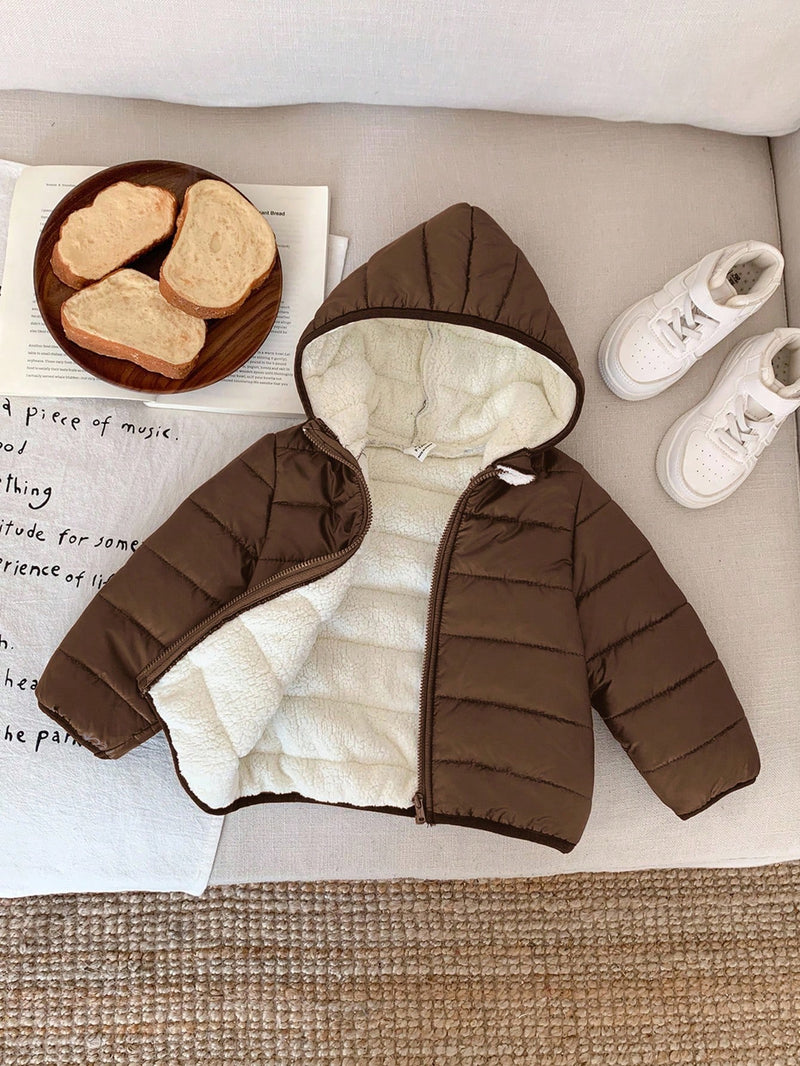 Jaqueta com Capuz e Zíper Acolchoada Quente e Grossa para Bebê Menino, Adequada para Brincar na Neve, Essencial Casual de Inverno