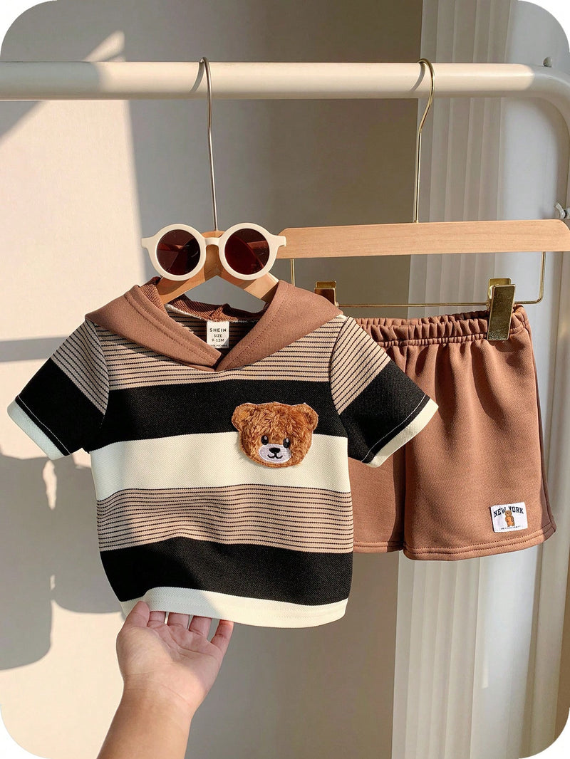 2 peças/Conjunto Bebê Menino Fofo Urso Cartoon Top de Manga Curta com Capuz Listrada e Shorts Roupa Casual de Verão