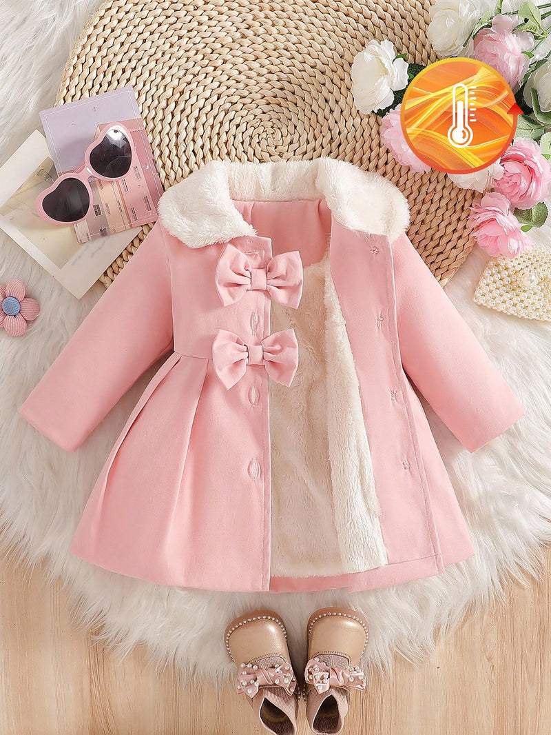 Souflis Souflis Jaqueta Forrada de Fleece para Bebês Meninas com Gola Falsa de Pele e Laço 3D, Casaco Trench para Outono Inverno, Cáqui Marrom