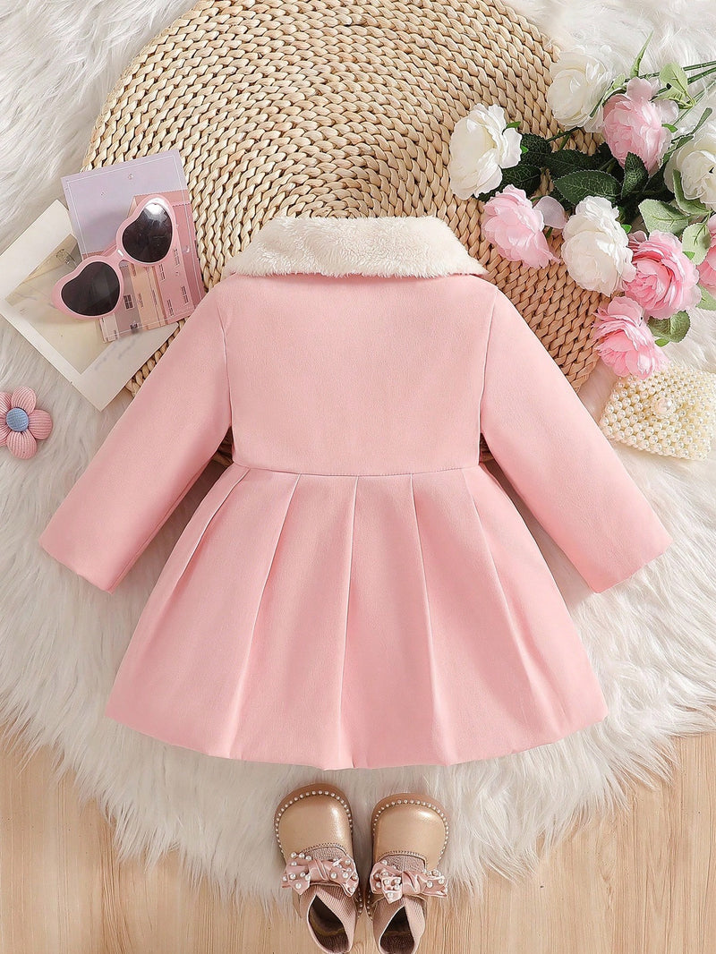 Souflis Souflis Jaqueta Forrada de Fleece para Bebês Meninas com Gola Falsa de Pele e Laço 3D, Casaco Trench para Outono Inverno, Cáqui Marrom