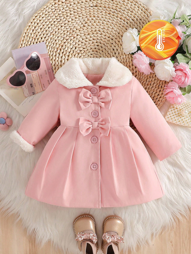 Souflis Souflis Jaqueta Forrada de Fleece para Bebês Meninas com Gola Falsa de Pele e Laço 3D, Casaco Trench para Outono Inverno, Cáqui Marrom