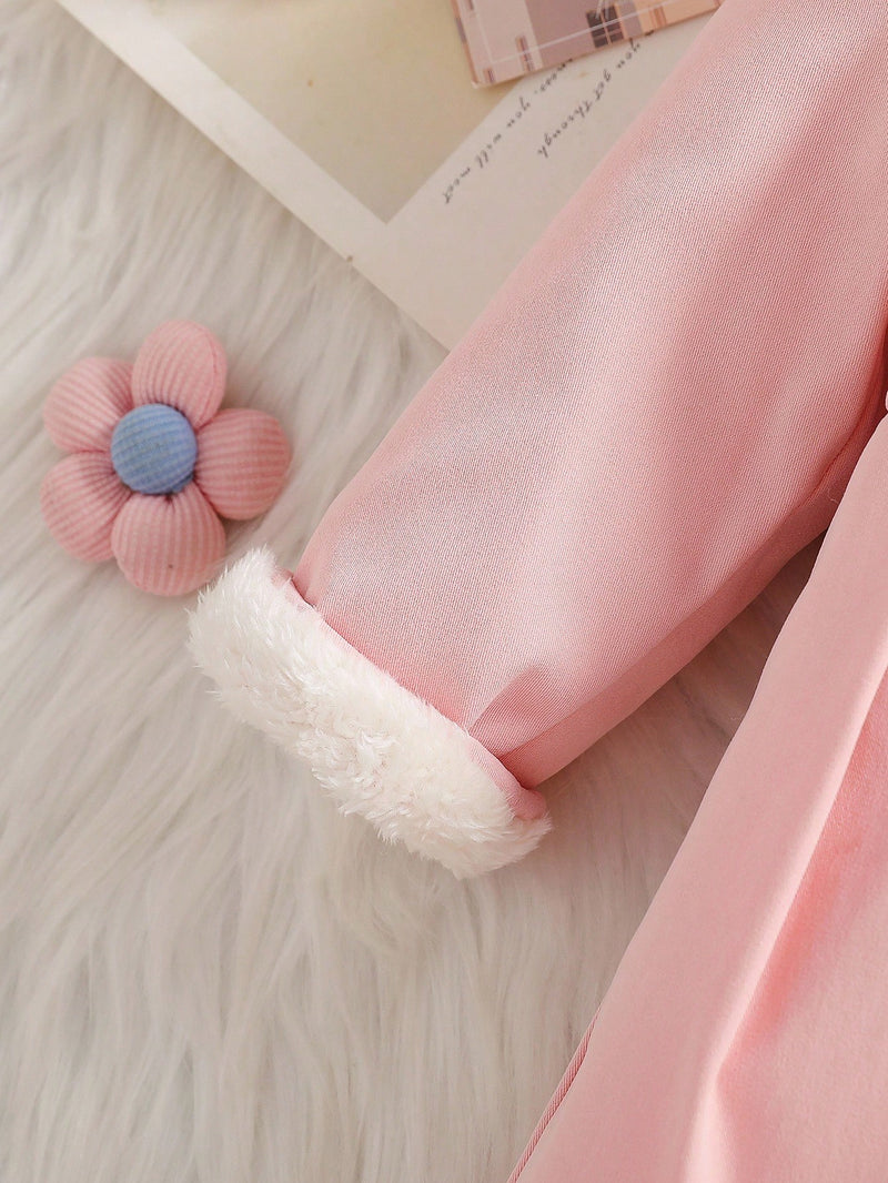 Souflis Souflis Jaqueta Forrada de Fleece para Bebês Meninas com Gola Falsa de Pele e Laço 3D, Casaco Trench para Outono Inverno, Cáqui Marrom