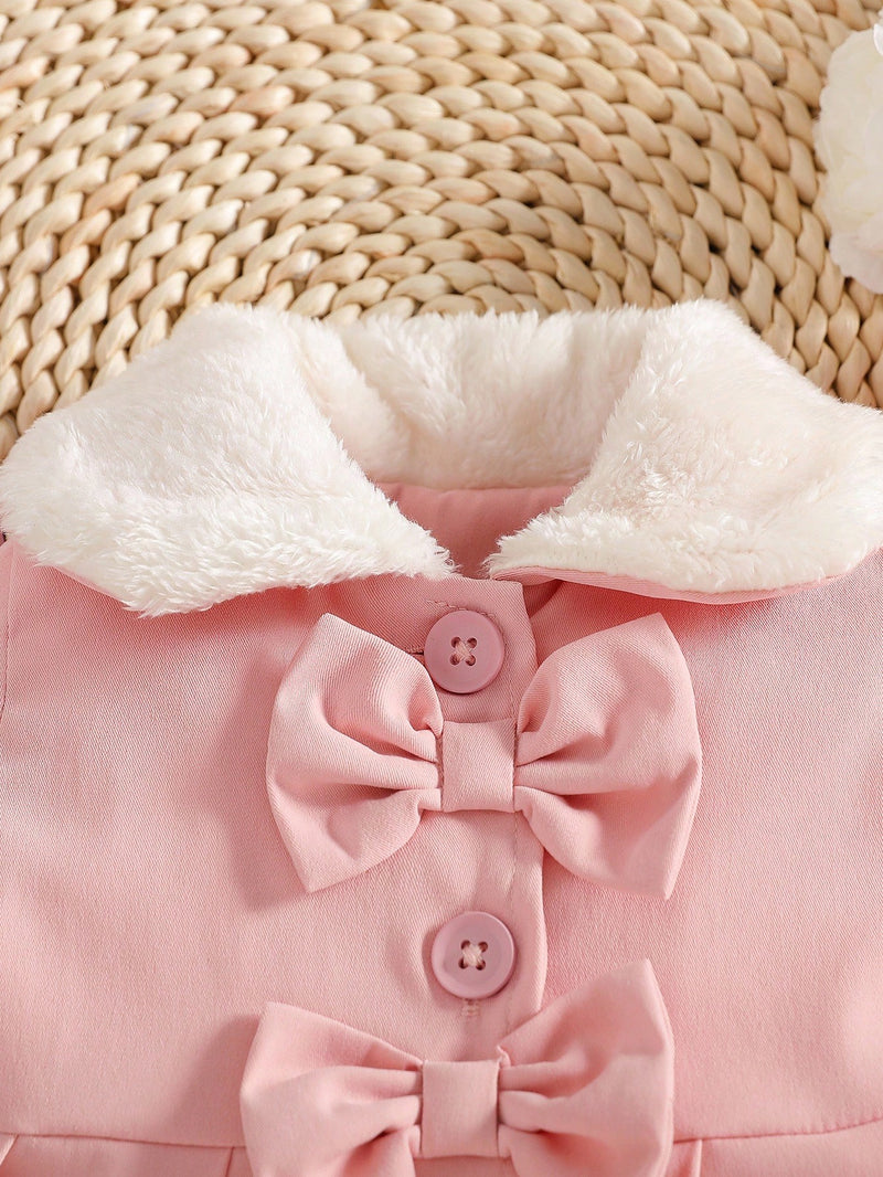 Souflis Souflis Jaqueta Forrada de Fleece para Bebês Meninas com Gola Falsa de Pele e Laço 3D, Casaco Trench para Outono Inverno, Cáqui Marrom