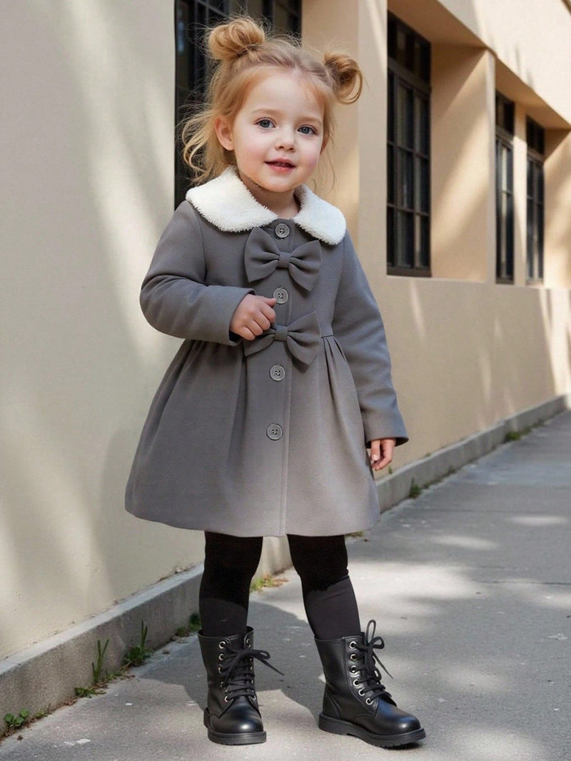 Souflis Souflis Jaqueta Forrada de Fleece para Bebês Meninas com Gola Falsa de Pele e Laço 3D, Casaco Trench para Outono Inverno, Cáqui Marrom