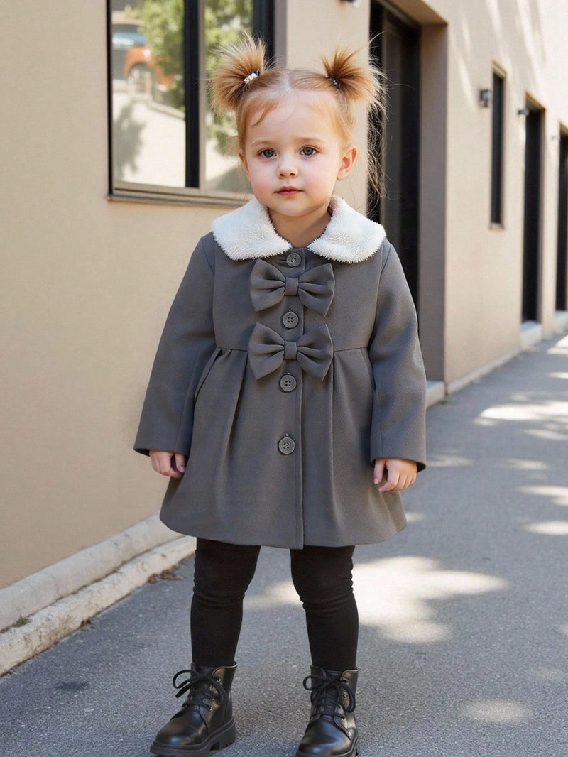 Souflis Souflis Jaqueta Forrada de Fleece para Bebês Meninas com Gola Falsa de Pele e Laço 3D, Casaco Trench para Outono Inverno, Cáqui Marrom
