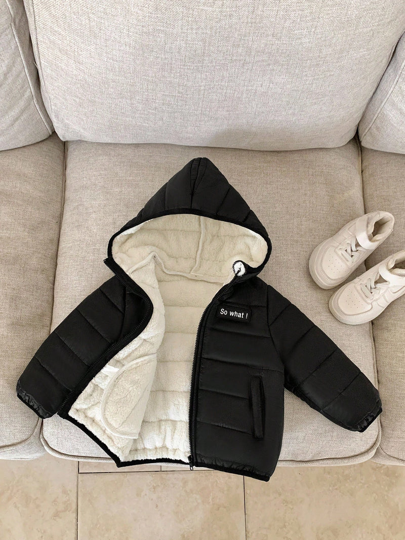 Jaqueta com Capuz e Zíper Acolchoada Quente e Grossa para Bebê Menino, Adequada para Brincar na Neve, Essencial Casual de Inverno