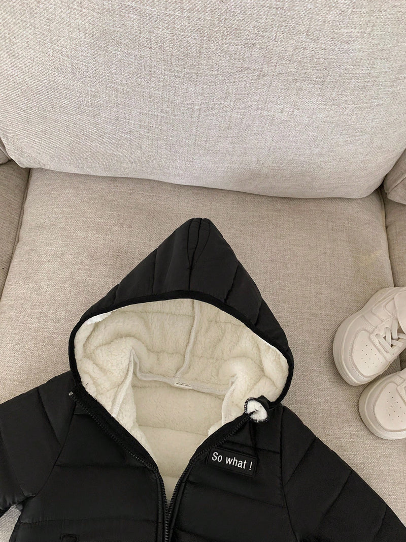 Jaqueta com Capuz e Zíper Acolchoada Quente e Grossa para Bebê Menino, Adequada para Brincar na Neve, Essencial Casual de Inverno