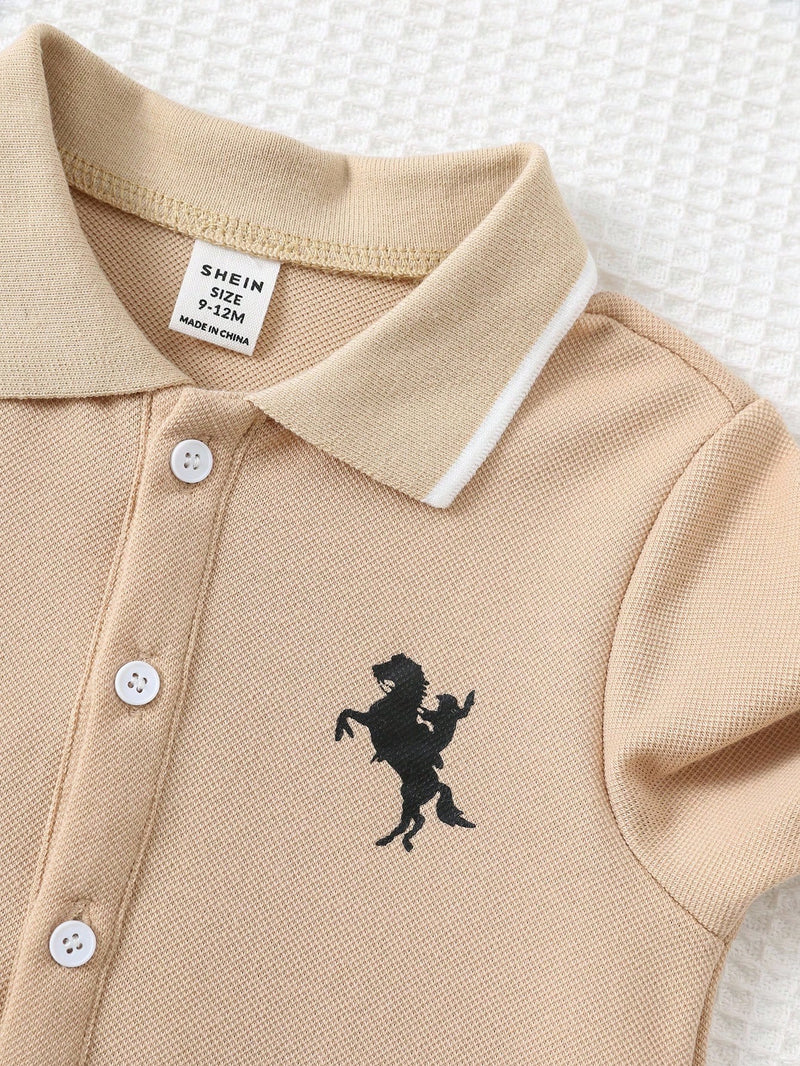 Macacão de manga longa com gola polo e estampa de desenho animado fofa para bebê recém-nascido menino/menina, outono/inverno