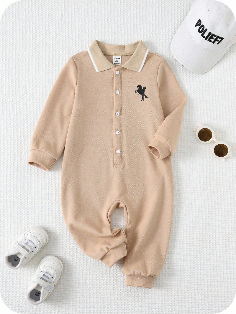 Macacão de manga longa com gola polo e estampa de desenho animado fofa para bebê recém-nascido menino/menina, outono/inverno