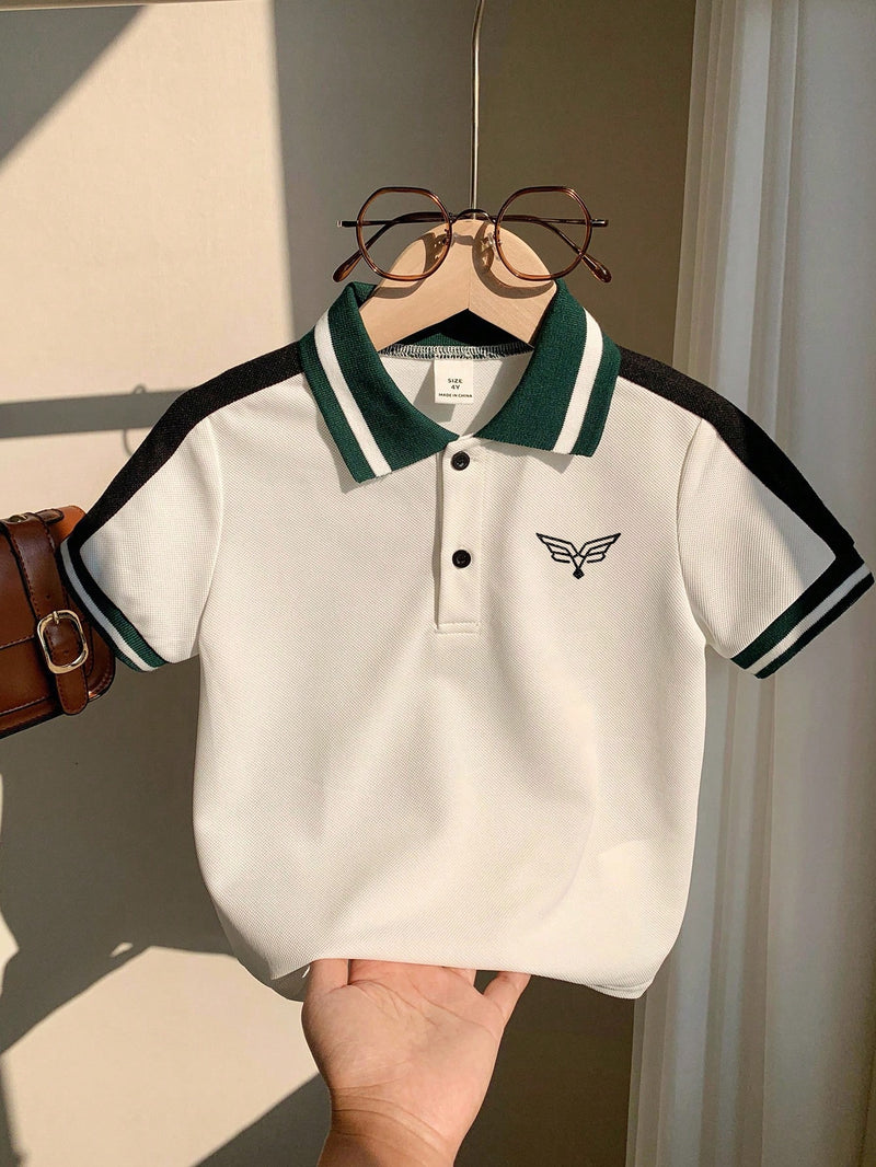 Camisa Polo de Manga Curta Estilo Universitário Fofo com Colorblock para Bebê Menino, Apropriada para Festa de Aniversário, Festa da Noite, Apresentação, Casamento, Chá de Bebê, Comemoração de 1 Mês e 1 Ano