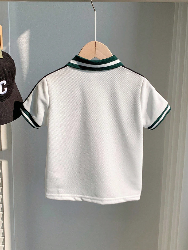 Camisa Polo de Manga Curta Estilo Universitário Fofo com Colorblock para Bebê Menino, Apropriada para Festa de Aniversário, Festa da Noite, Apresentação, Casamento, Chá de Bebê, Comemoração de 1 Mês e 1 Ano
