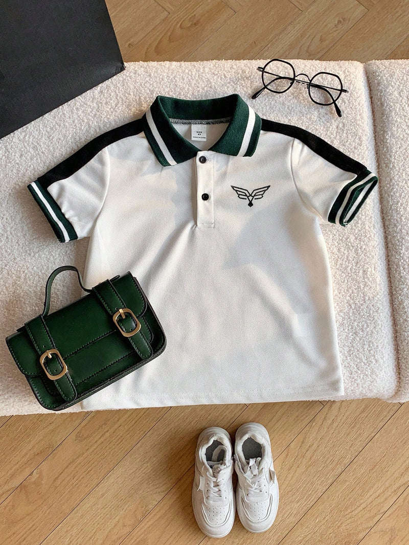 Camisa Polo de Manga Curta Estilo Universitário Fofo com Colorblock para Bebê Menino, Apropriada para Festa de Aniversário, Festa da Noite, Apresentação, Casamento, Chá de Bebê, Comemoração de 1 Mês e 1 Ano