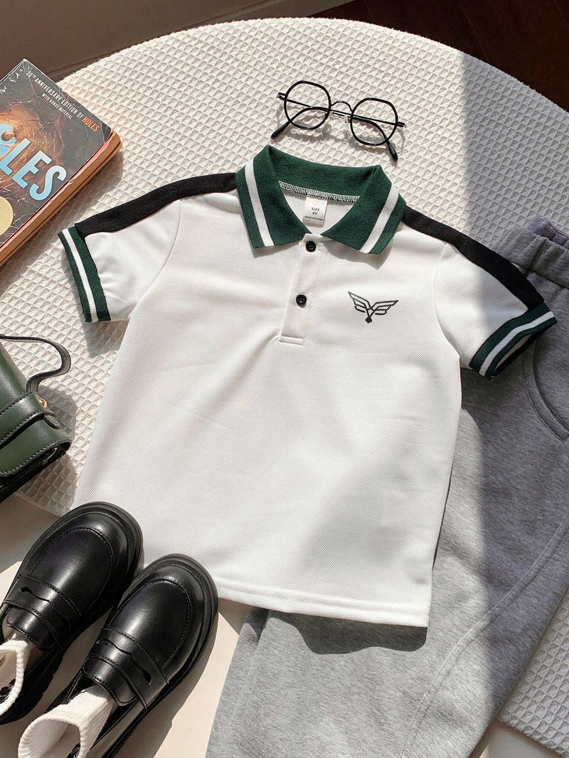 Camisa Polo de Manga Curta Estilo Universitário Fofo com Colorblock para Bebê Menino, Apropriada para Festa de Aniversário, Festa da Noite, Apresentação, Casamento, Chá de Bebê, Comemoração de 1 Mês e 1 Ano