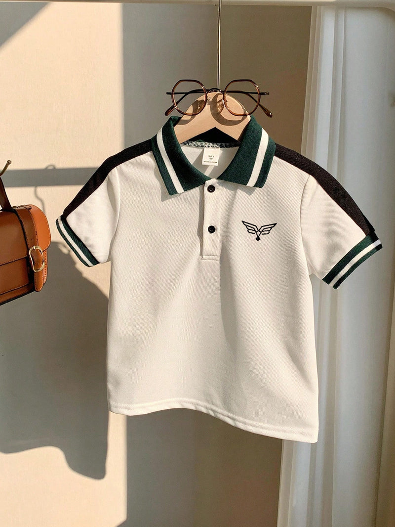 Camisa Polo de Manga Curta Estilo Universitário Fofo com Colorblock para Bebê Menino, Apropriada para Festa de Aniversário, Festa da Noite, Apresentação, Casamento, Chá de Bebê, Comemoração de 1 Mês e 1 Ano