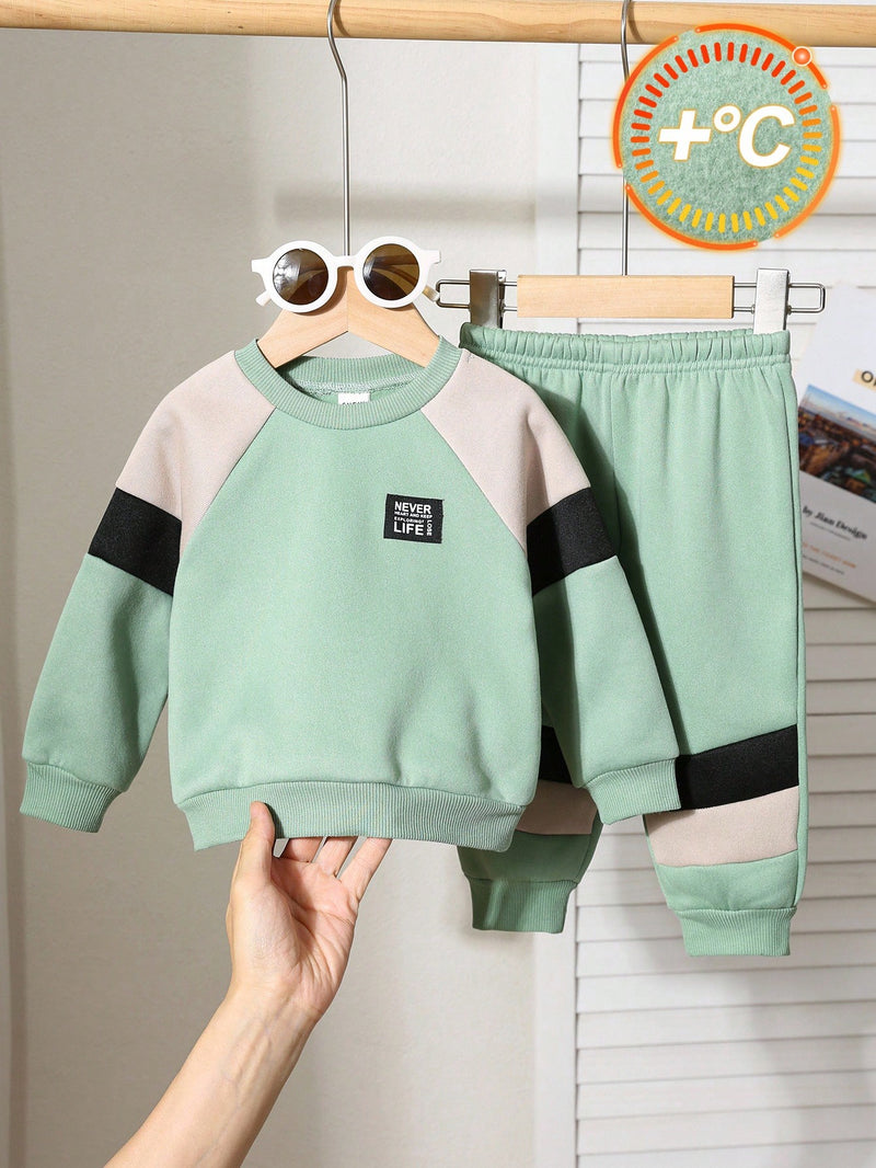 2 Peças Conjunto de Moletom Gola Careca com Recorte de Cor Marrom Casual Diário Combinável e Calça para Bebê Menino/Menina, Adequado para usar Dentro e Fora de Casa no Outono/Inverno
