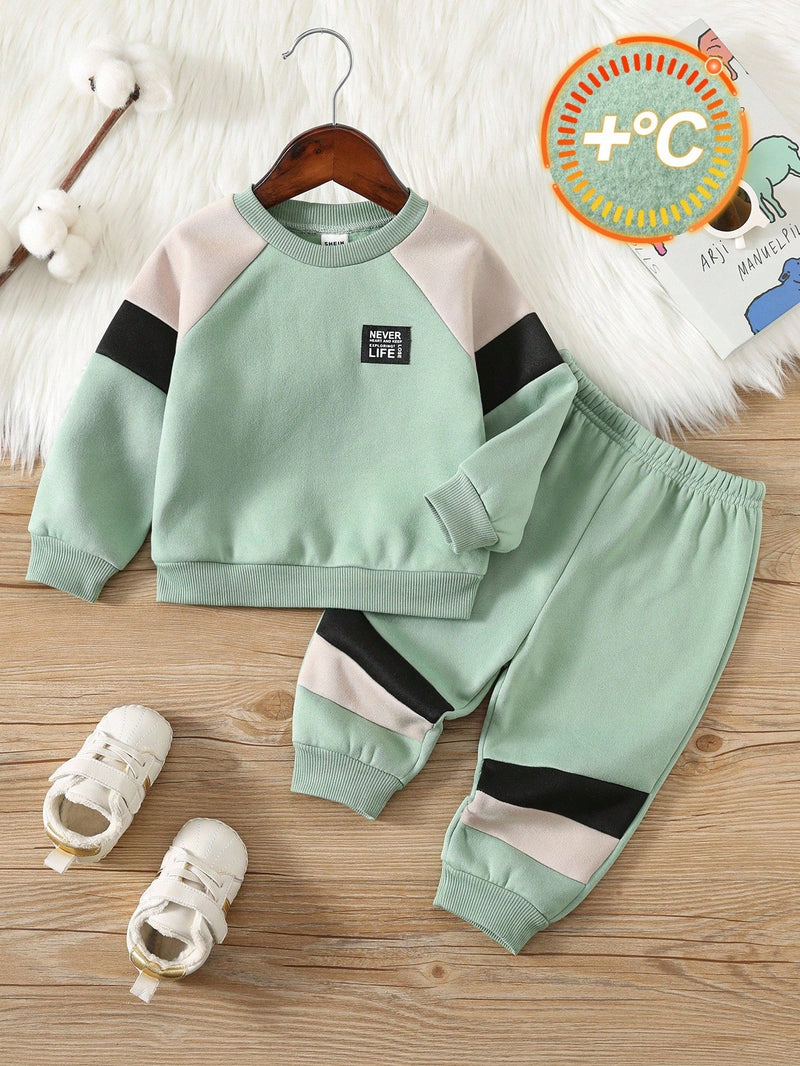 2 Peças Conjunto de Moletom Gola Careca com Recorte de Cor Marrom Casual Diário Combinável e Calça para Bebê Menino/Menina, Adequado para usar Dentro e Fora de Casa no Outono/Inverno