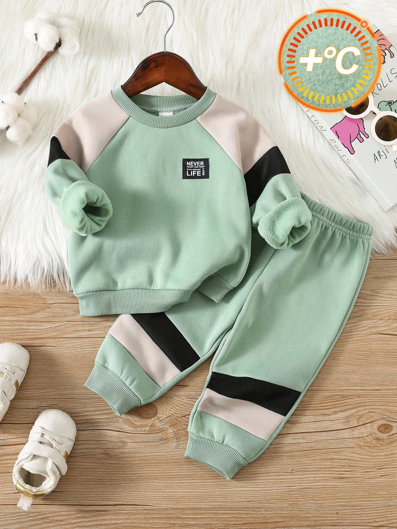 2 Peças Conjunto de Moletom Gola Careca com Recorte de Cor Marrom Casual Diário Combinável e Calça para Bebê Menino/Menina, Adequado para usar Dentro e Fora de Casa no Outono/Inverno