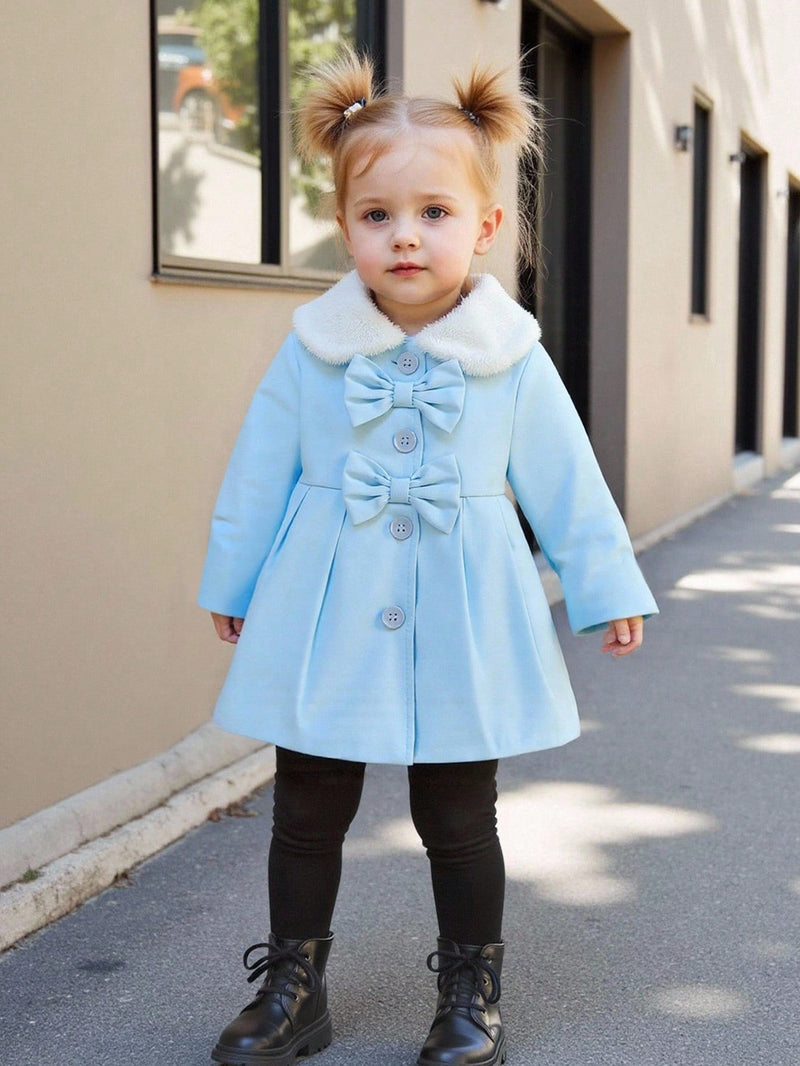 Souflis Souflis Jaqueta Forrada de Fleece para Bebês Meninas com Gola Falsa de Pele e Laço 3D, Casaco Trench para Outono Inverno, Cáqui Marrom