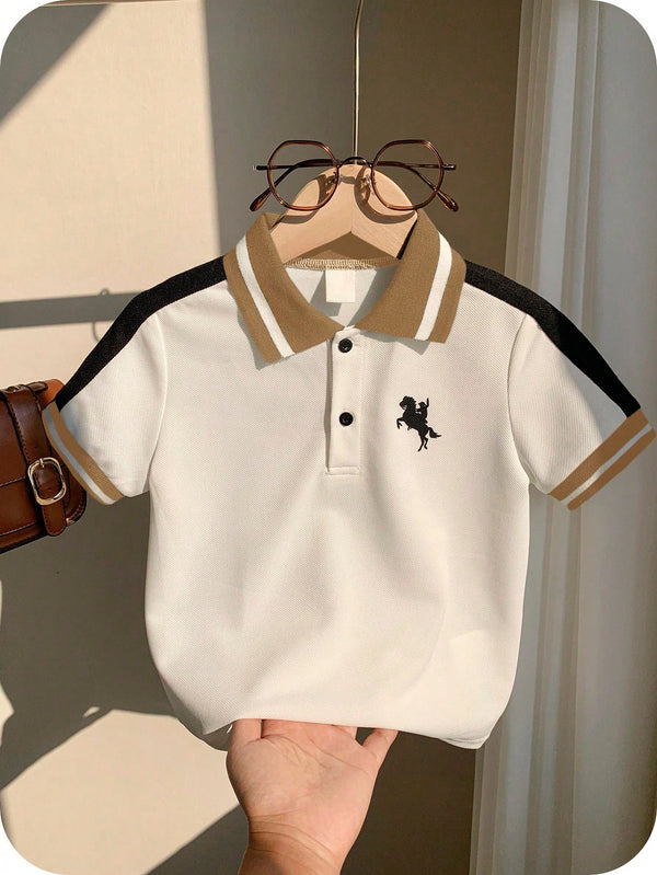 Camisa Polo de Manga Curta Estilo Universitário Fofo com Colorblock para Bebê Menino, Apropriada para Festa de Aniversário, Festa da Noite, Apresentação, Casamento, Chá de Bebê, Comemoração de 1 Mês e 1 Ano