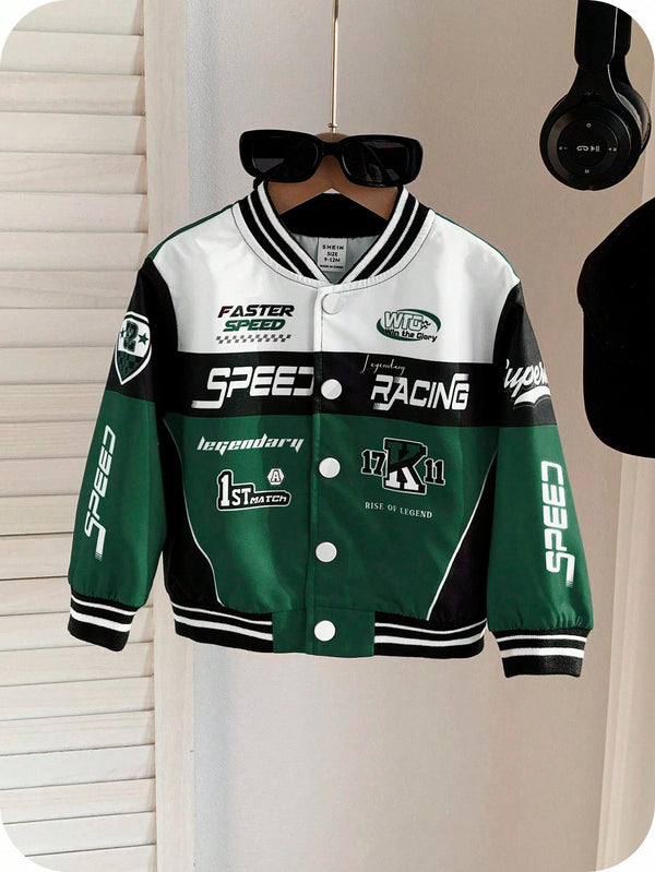 Jaqueta Casual Esportiva de Motociclista Streetwear Infantil em Blocos de Cor Verde e Preta, Adequada para Casa, Passeios e Esportes, Primavera/Outono/Inverno