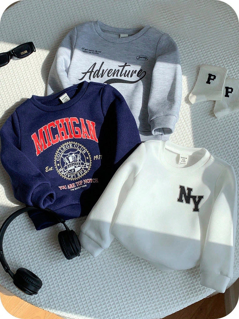 3 peças/Conjunto Moletons de Manga Longa com Estampa de Letra Versátil e Fofa para Menino/Menina Bebê, Multipack Combinável, Outono/Inverno