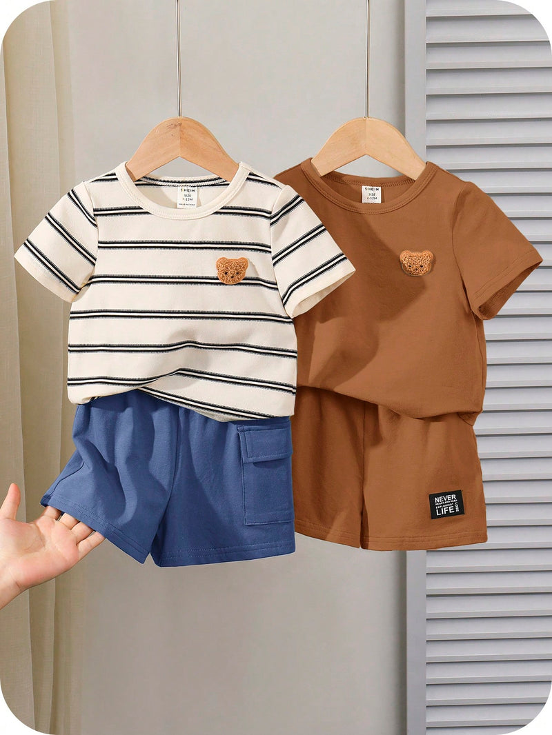 4 peças/conjunto de Verão Estilo Coreano Casual Fofo, Padrão de Desenho Animado Listrado Camiseta Manga Curta, Shorts de Elástico com Bolsos para Meninos e Meninas Bebês