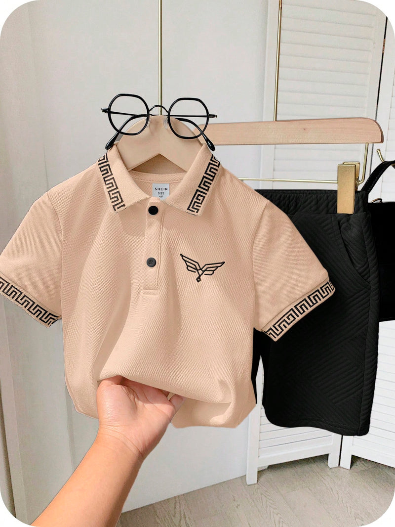2 peças/Conjunto Camisa Polo Clássica Bordada e Shorts Esportivos para Meninos Jovens, Conjunto Casual