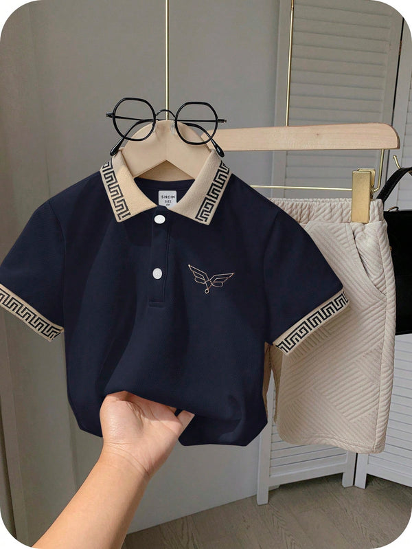 2 peças/Conjunto Camisa Polo Clássica Bordada e Shorts Esportivos para Meninos Jovens, Conjunto Casual