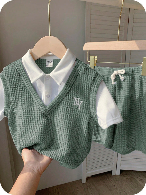 2 peças Conjunto de Camiseta Gráfica Simples e Shorts Casuais para Meninos, Tecido Macio e Confortável Tipo Waffle com Padrão de Letras, Adequado para Uso Diário, Escola, Viagem, Esportes, Primavera/Verão