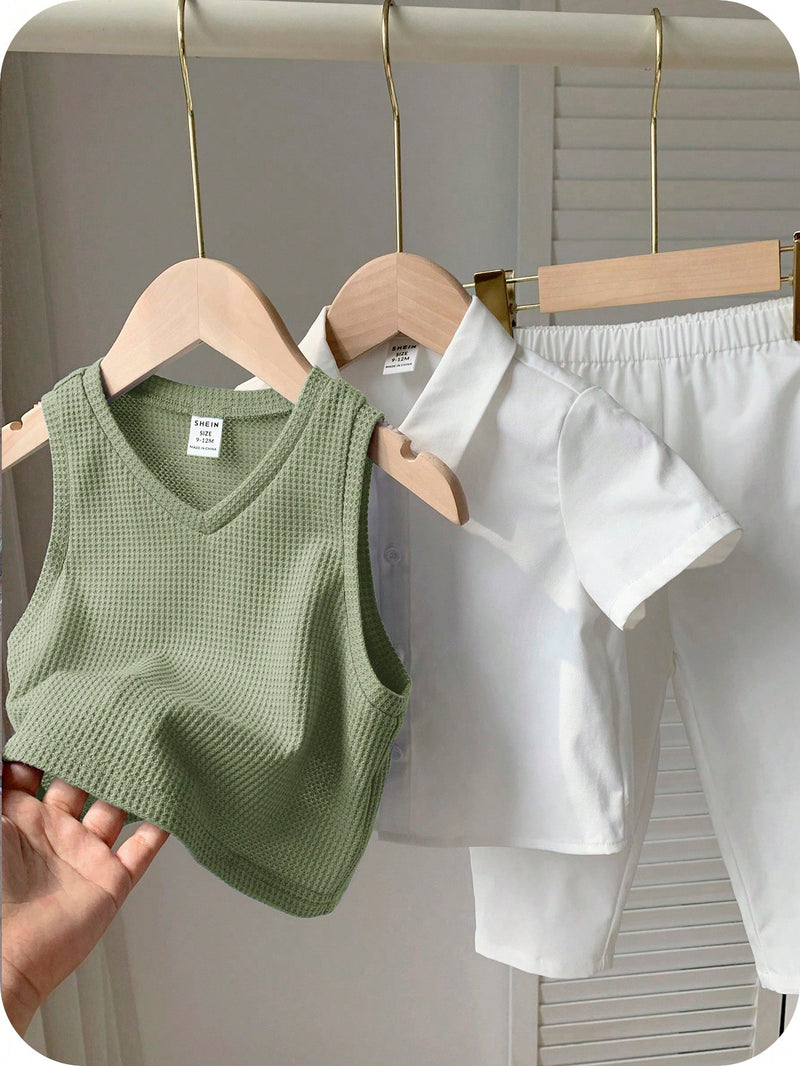 3 peças/Conjunto Menino Bebê Azul e Branco Top Polo de Manga Curta para Verão/Outono, Colete Sólido e Calça, Estilo Cavalheiro Britânico, Macio e Versátil para Festa de Aniversário, Batizado, 1º Aniversário, Eventos, Casamentos