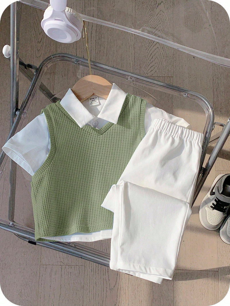 3 peças/Conjunto Menino Bebê Azul e Branco Top Polo de Manga Curta para Verão/Outono, Colete Sólido e Calça, Estilo Cavalheiro Britânico, Macio e Versátil para Festa de Aniversário, Batizado, 1º Aniversário, Eventos, Casamentos