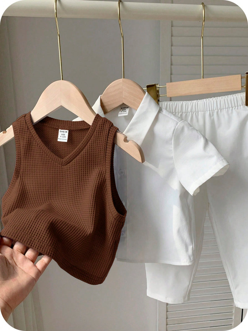 3 peças/Conjunto Menino Bebê Azul e Branco Top Polo de Manga Curta para Verão/Outono, Colete Sólido e Calça, Estilo Cavalheiro Britânico, Macio e Versátil para Festa de Aniversário, Batizado, 1º Aniversário, Eventos, Casamentos