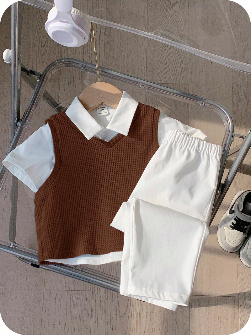 3 peças/Conjunto Menino Bebê Azul e Branco Top Polo de Manga Curta para Verão/Outono, Colete Sólido e Calça, Estilo Cavalheiro Britânico, Macio e Versátil para Festa de Aniversário, Batizado, 1º Aniversário, Eventos, Casamentos