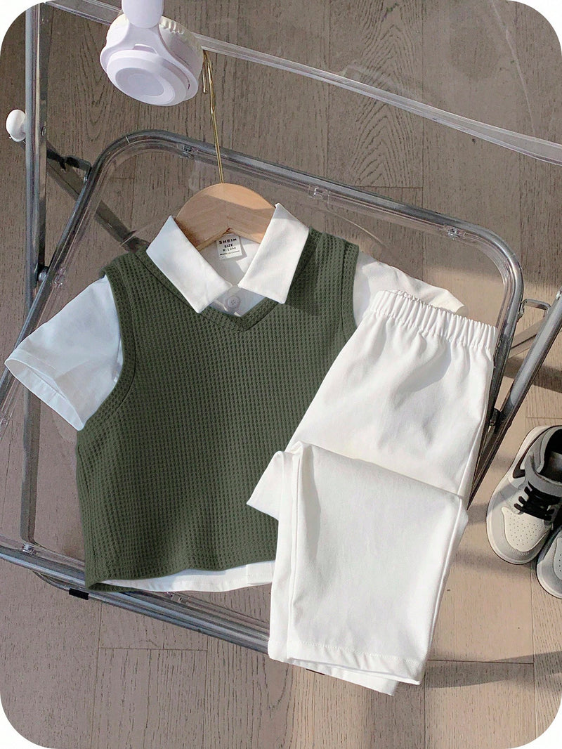 3 peças/Conjunto Menino Bebê Azul e Branco Top Polo de Manga Curta para Verão/Outono, Colete Sólido e Calça, Estilo Cavalheiro Britânico, Macio e Versátil para Festa de Aniversário, Batizado, 1º Aniversário, Eventos, Casamentos